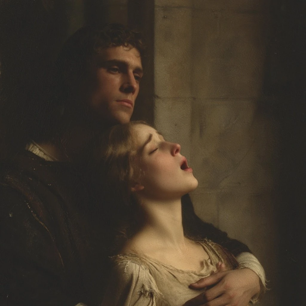 A melancholic medieval young woman with a soft, sorrowful gaze, https://t...