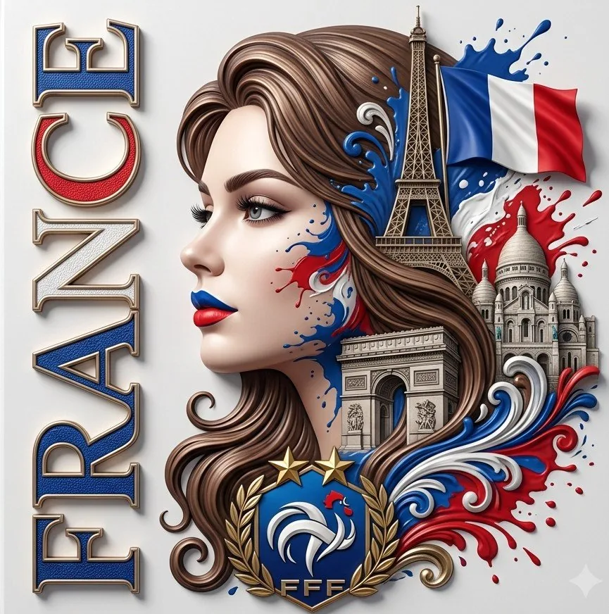 The composition blends the woman's face seamlessly with iconic French lan...