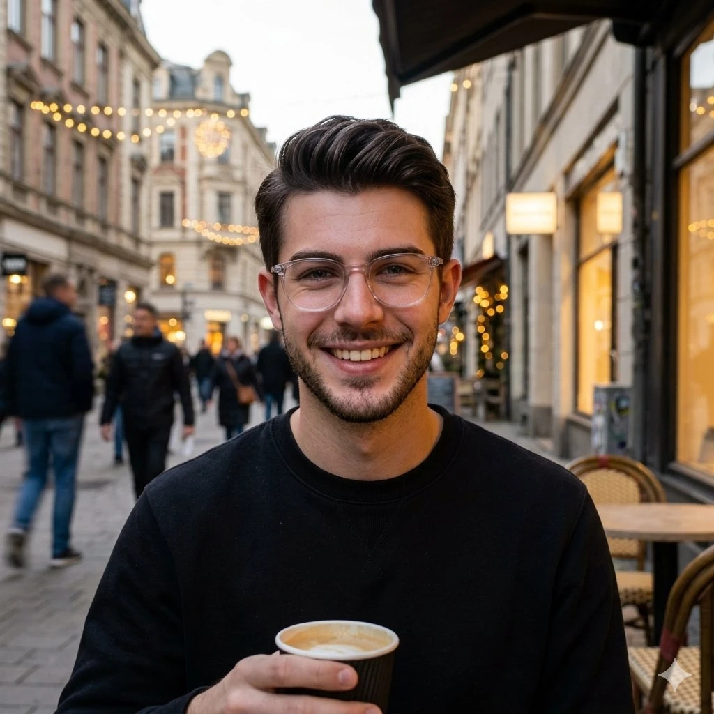 Cinematic street portrait of a smiling young man wearing glasses, holding...
