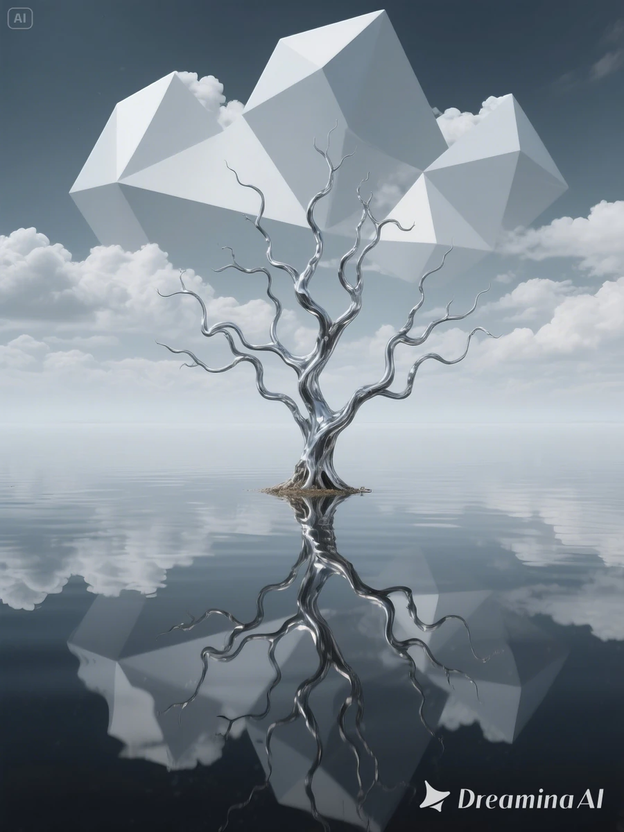 A lone tree of molten silver, its branches twisting into surreal, calligr...