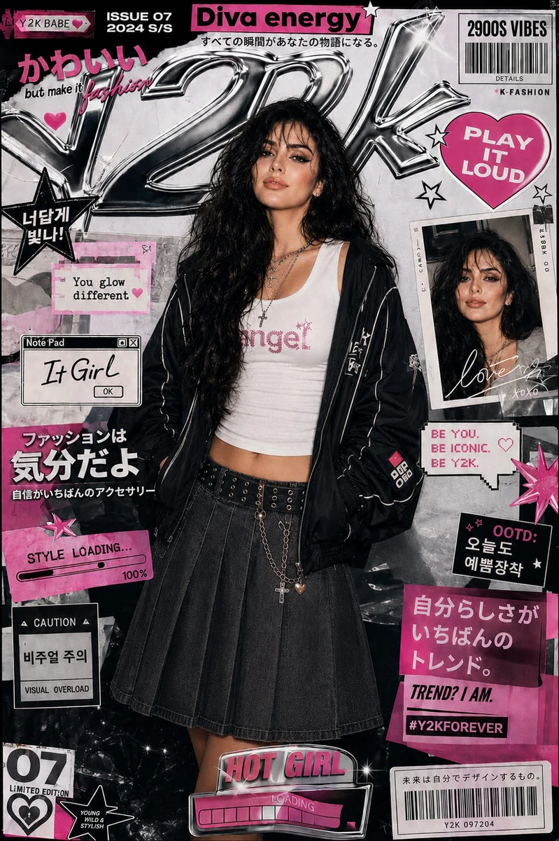 Ultra-stylized Y2K-inspired fashion editorial poster featuring the same g...