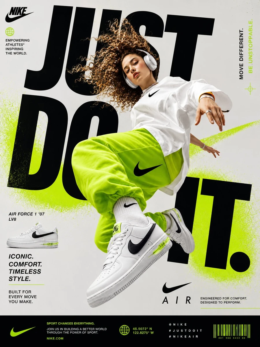- Generate a perfectly graphic designed poster of Nike Shoe advertisement...