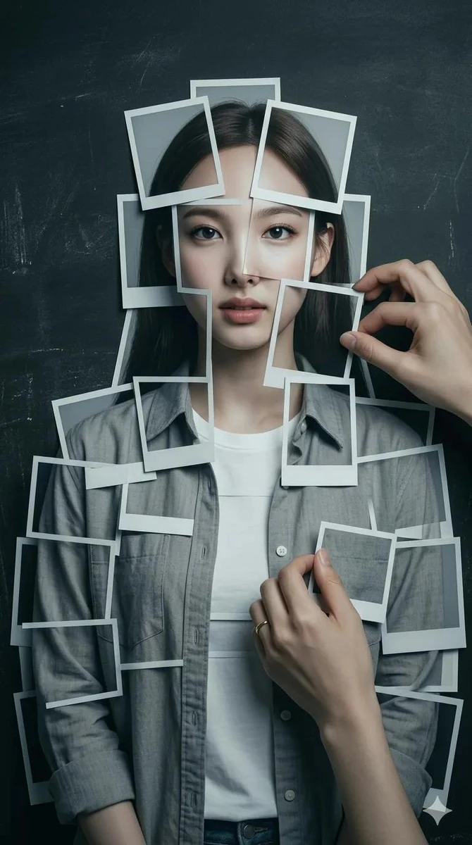 Hyperrealistic 8K photograph of a human figure composed of instant photog...