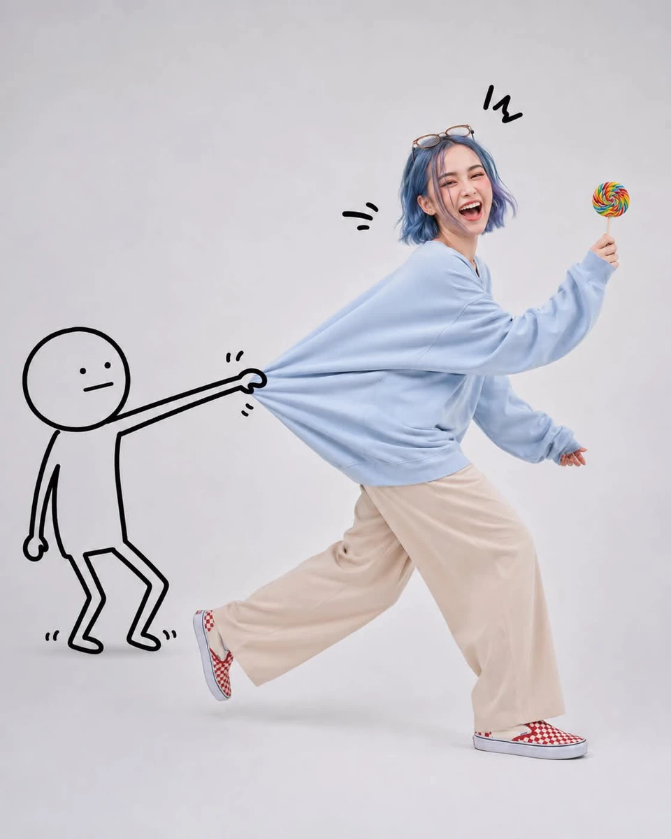 The subject is a cheerful woman with a light blue pixie haircut. She is c...