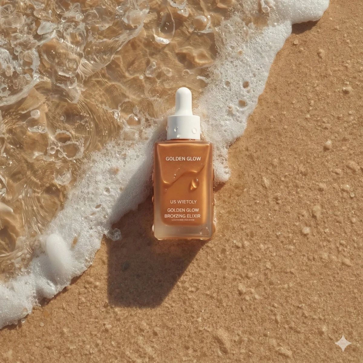 Ultra-realistic summer skincare product photography of a bronzing drop bo...