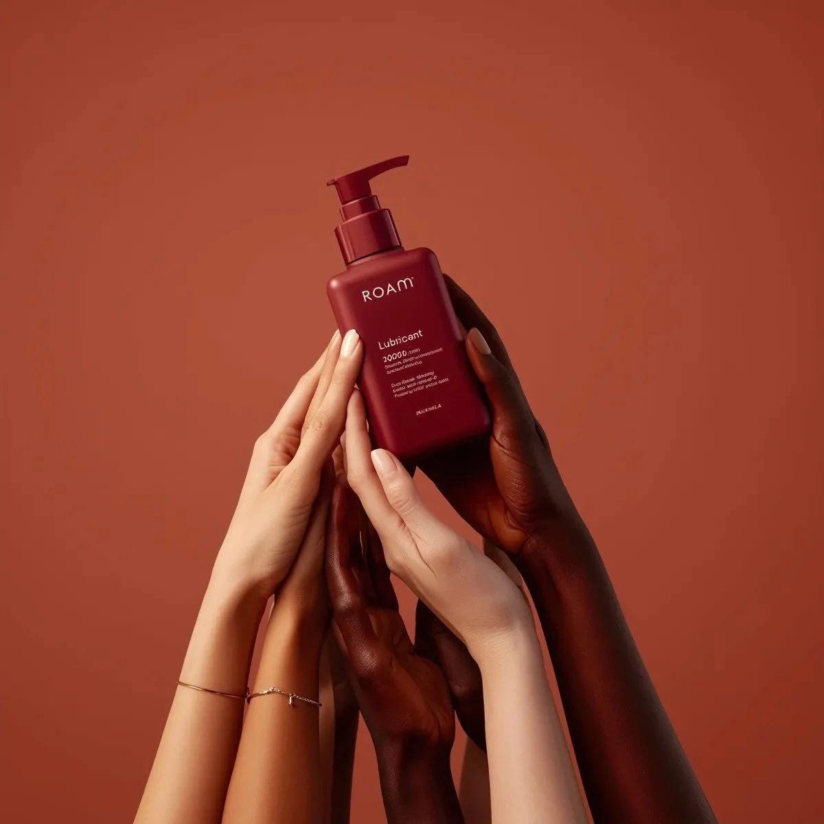 “Minimalist product photography of a matte red pump bottle labeled ‘ROAM...