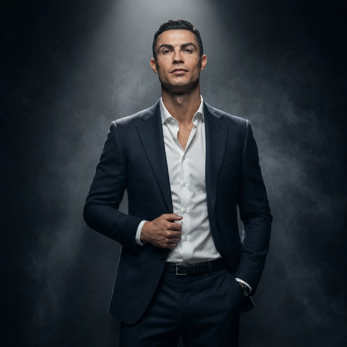 Photorealistic luxury fashion portrait of an athletic male executive stan...