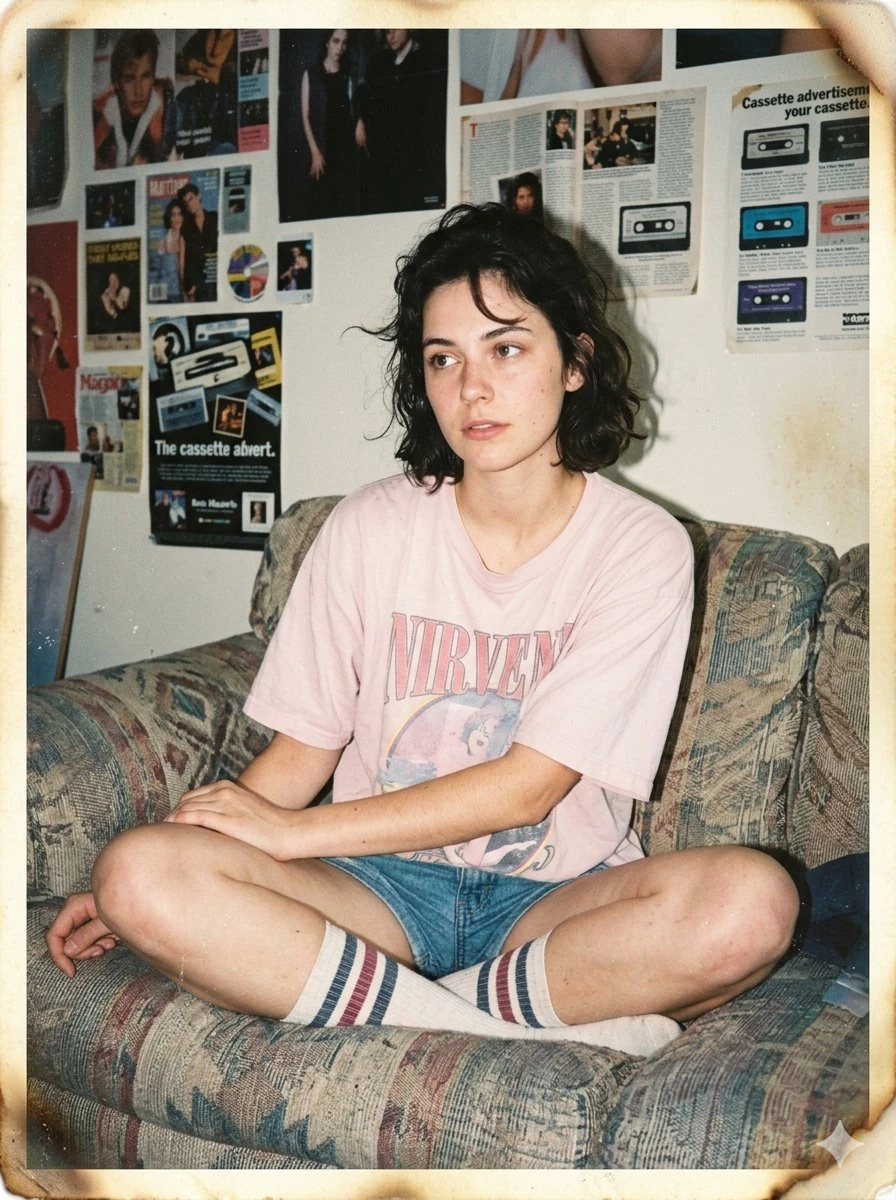 A candid 1990s-inspired indie bedroom portrait of a young woman sitting c...