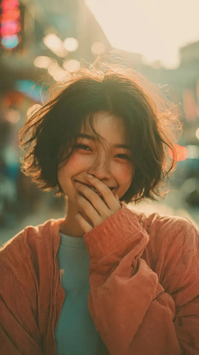 Cinematic portrait of a young woman with short messy bob hair, soft freck...