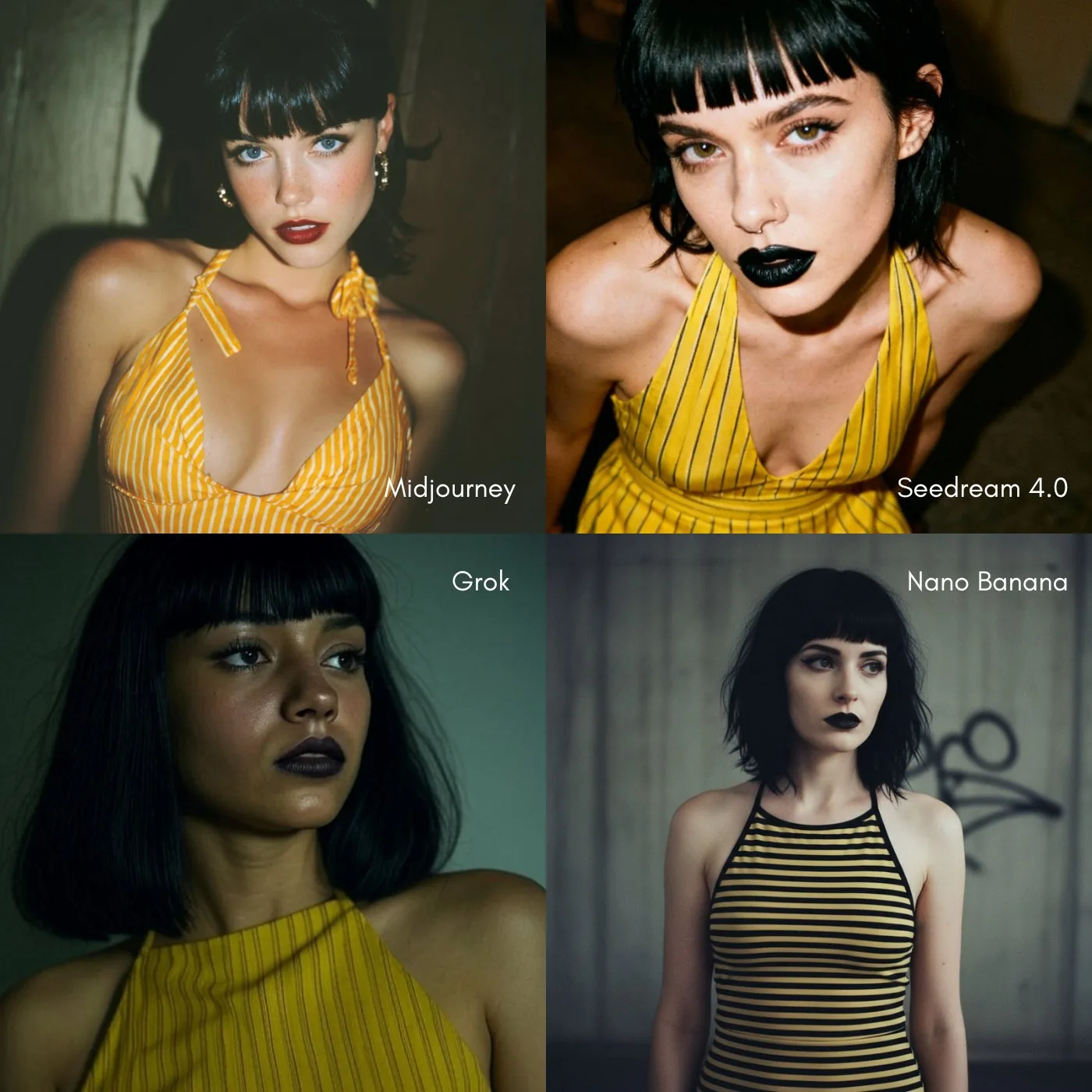 a portrait of an edgy woman with black hair and bangs, wearing yellow str...