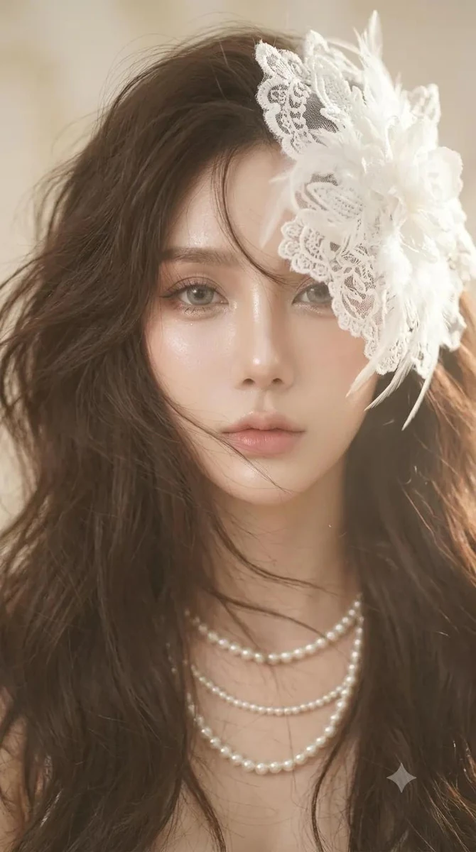 A dreamy editorial beauty portrait of a beautiful woman in soft, warm nat...