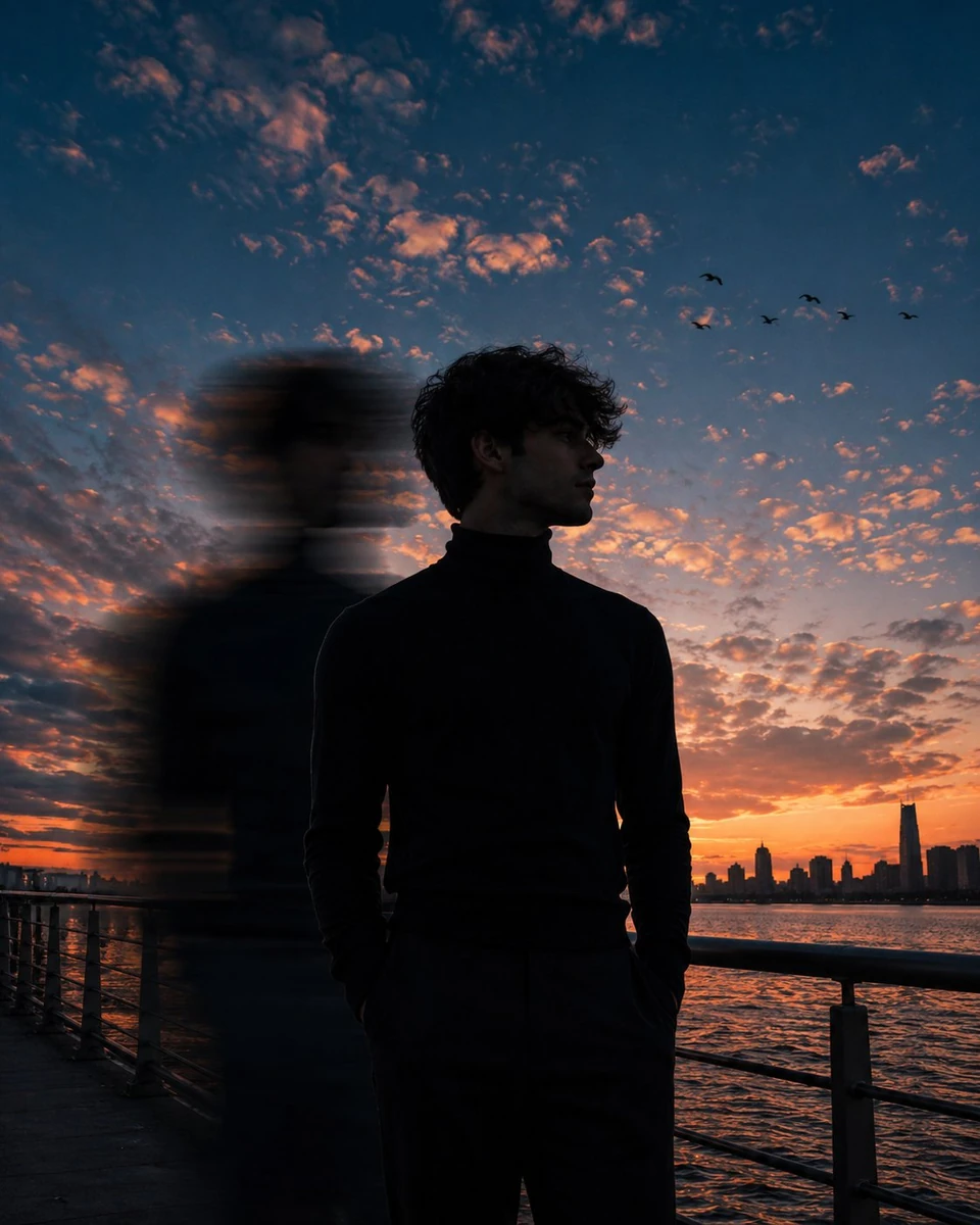 A cinematic low-angle portrait of a young man standing on a waterfront pr...
