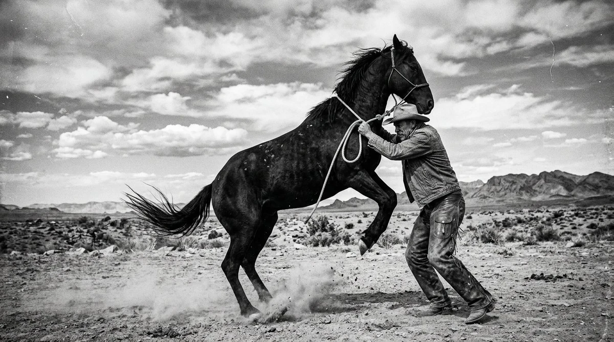 A powerful black and white documentary style photograph of a cowboy strug...
