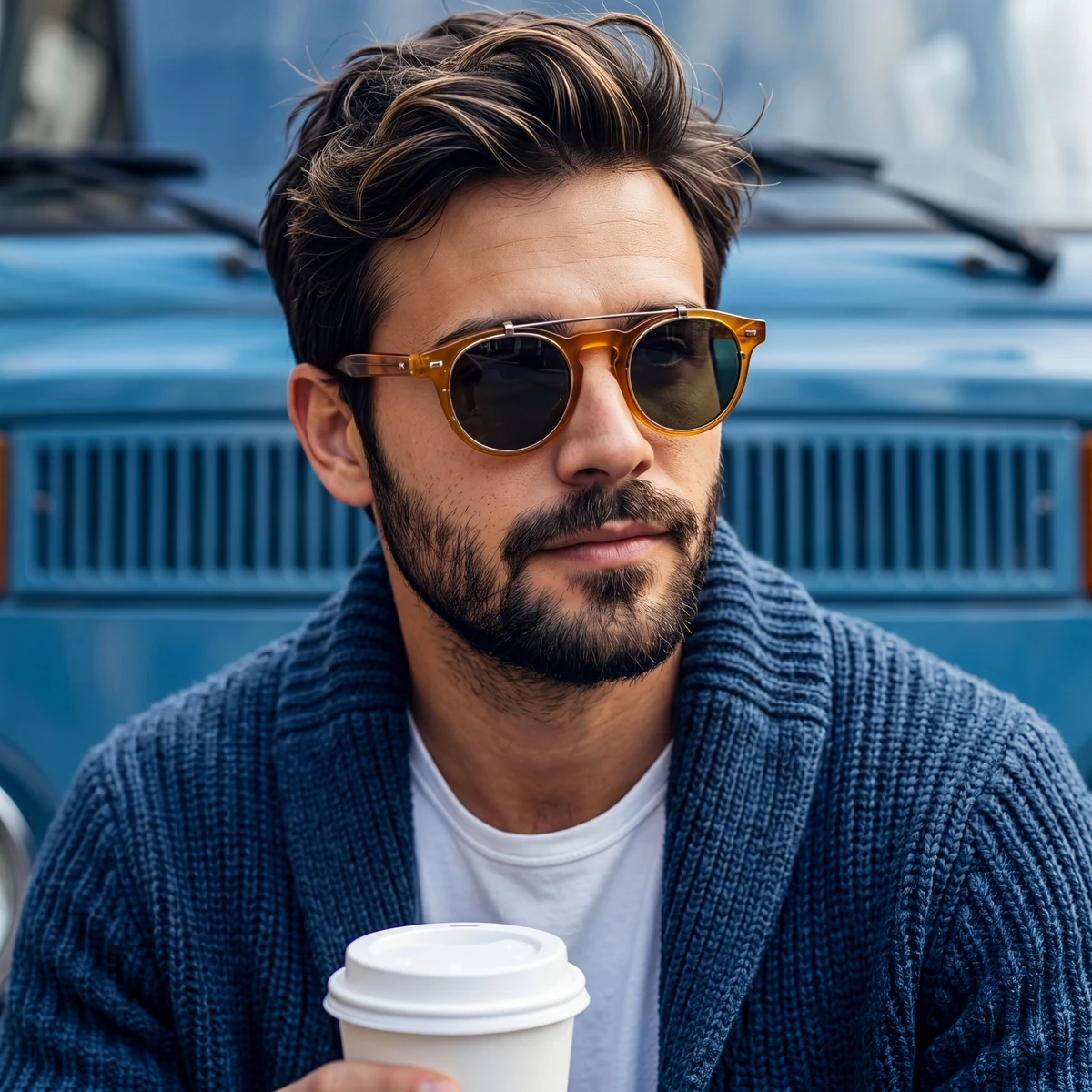 A stylish, rugged portrait of a man with a relaxed yet sophisticated urba...