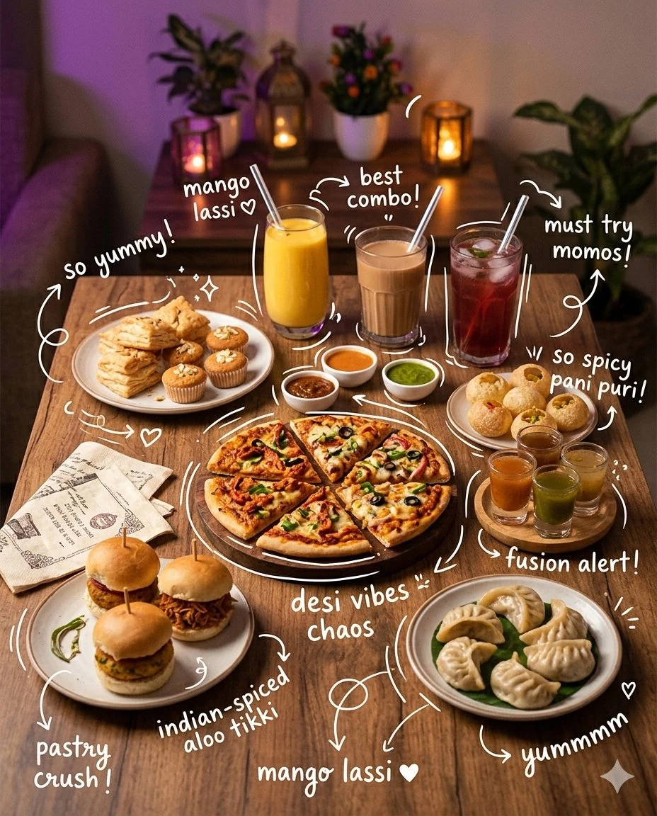 Aesthetic food table with pastries, pizza slices, burgers, and cold drink...