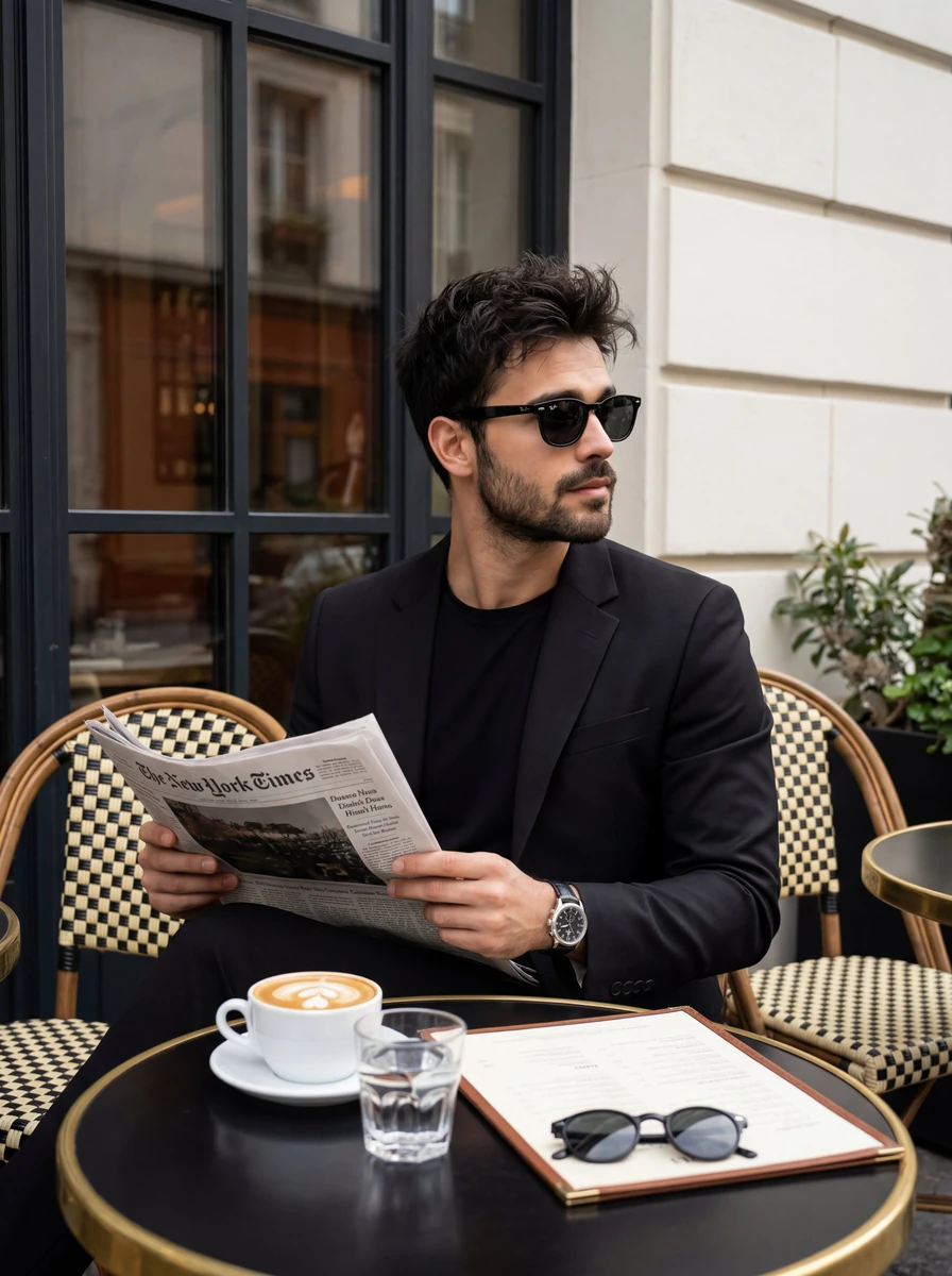 A high-fidelity medium shot of a stylish, well-groomed man with messy dar...