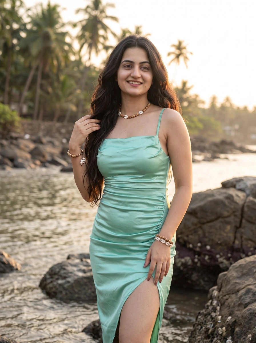 A beautiful young Indian woman in her mid-20s, medium-length dark wavy ha...