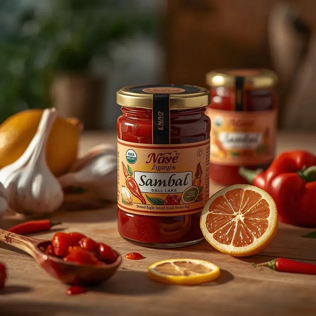 Ultra-realistic lifestyle food product photography of a sambal jar (Nasi...