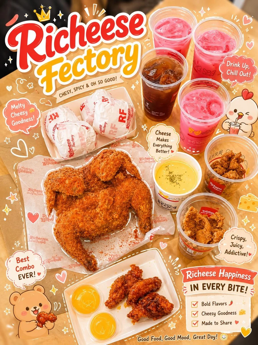 Cute kawaii-style food advertisement poster, vibrant overhead food photog...