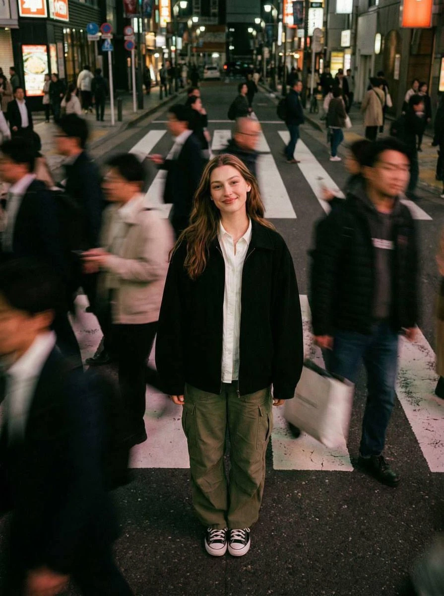 Ultra-realistic cinematic street portrait of a young person standing perf...