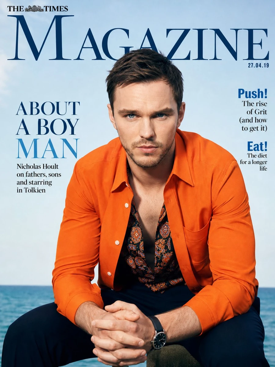 A photorealistic magazine cover portrait of Nicholas Hoult sitting outdoo...