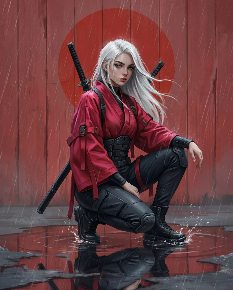 Full-body cinematic illustration of a young woman with long, flowing plat...