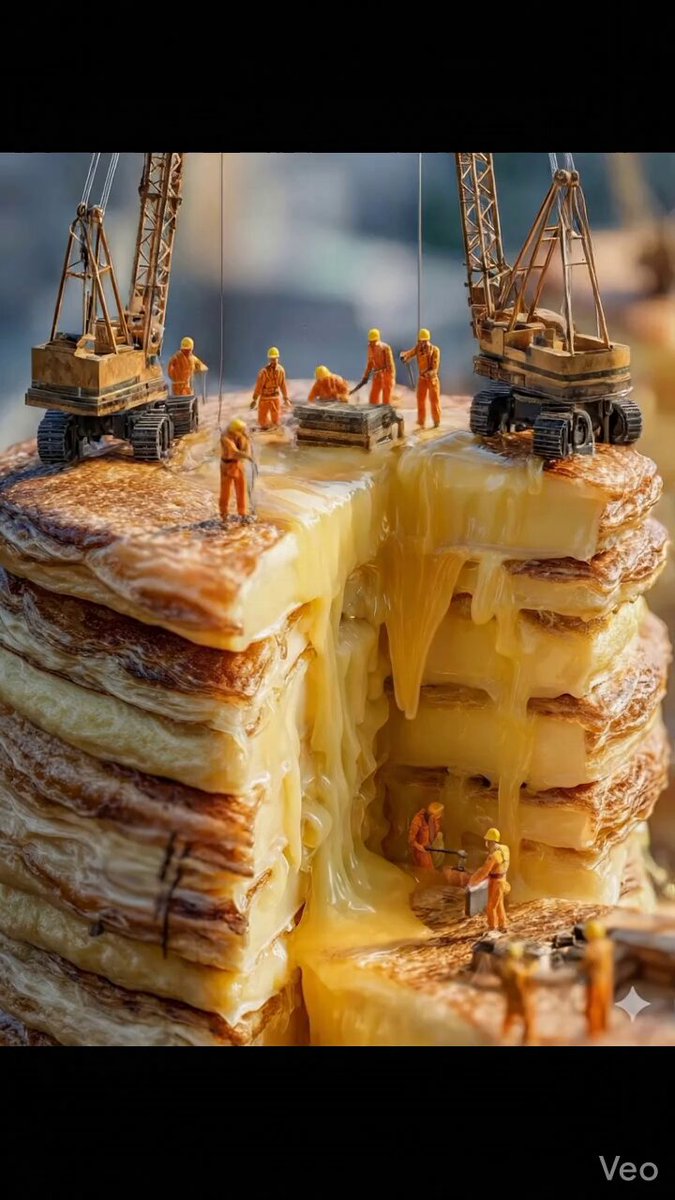 Ultra-realistic giant matcha pancake skyscraper, stacked layer by layer b...