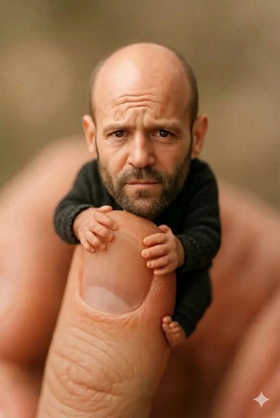 A surreal, high-detail macro photograph of a tiny, thumb-sized miniature...
