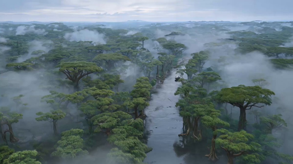 Kling 3.0 prompt: Epic establishing drone shot, dense primordial rainfore...