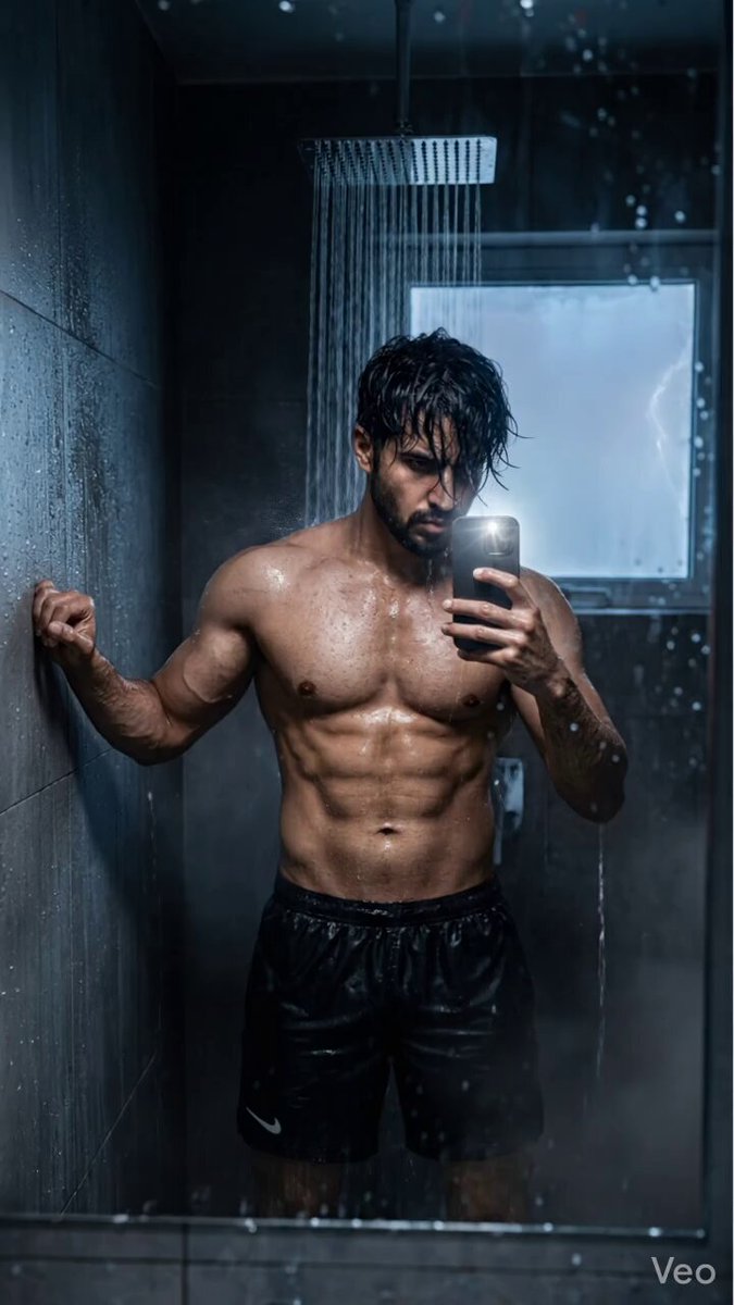 A cinematic mirror selfie of a fit young man standing under a rainfall sh...