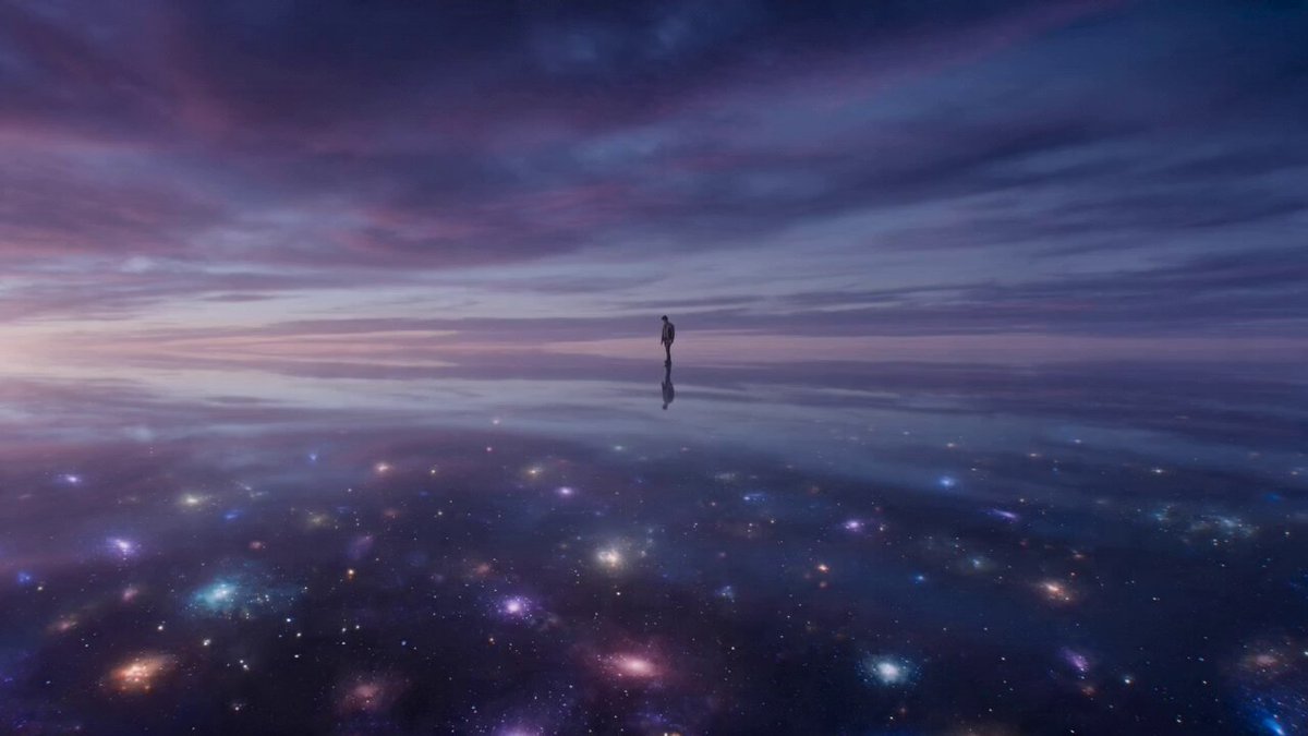 A lone traveler walks across a vast, glass-like ocean under a violet twil...