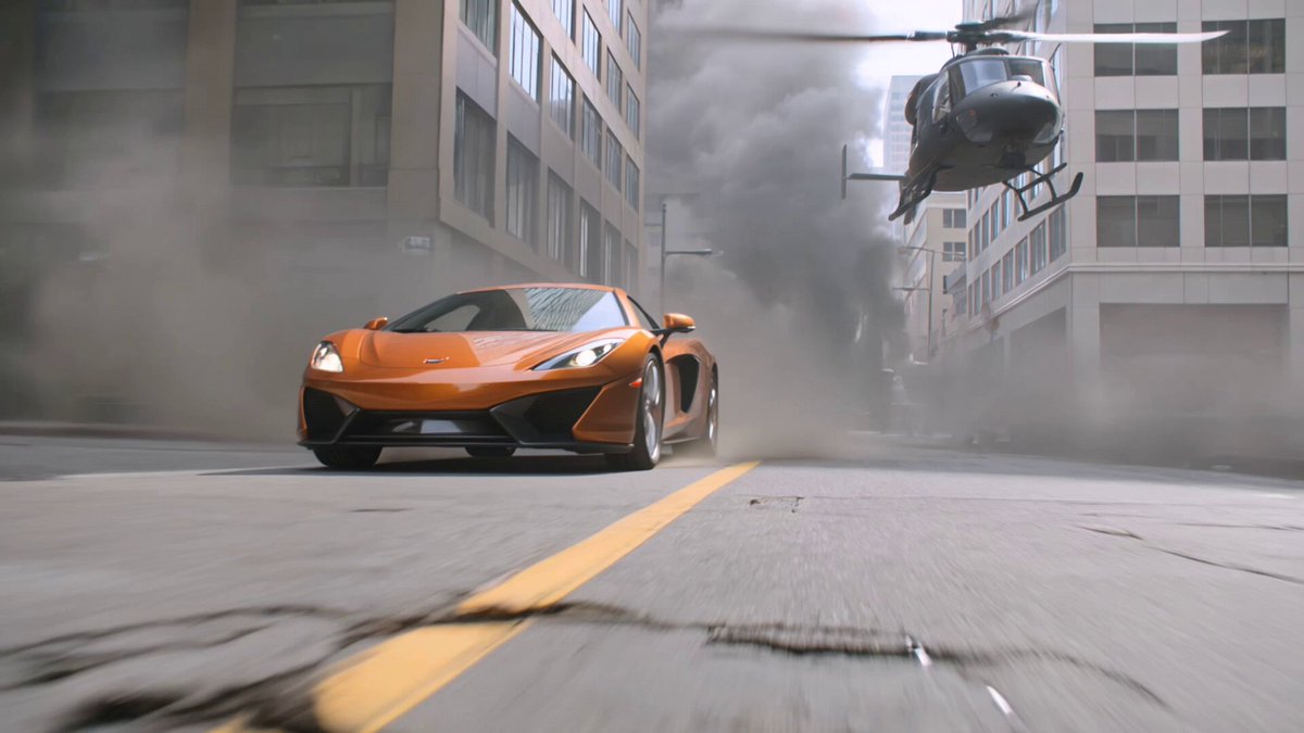 An explosive, hyper-realistic cinematic shot. A sleek, orange sports car,...