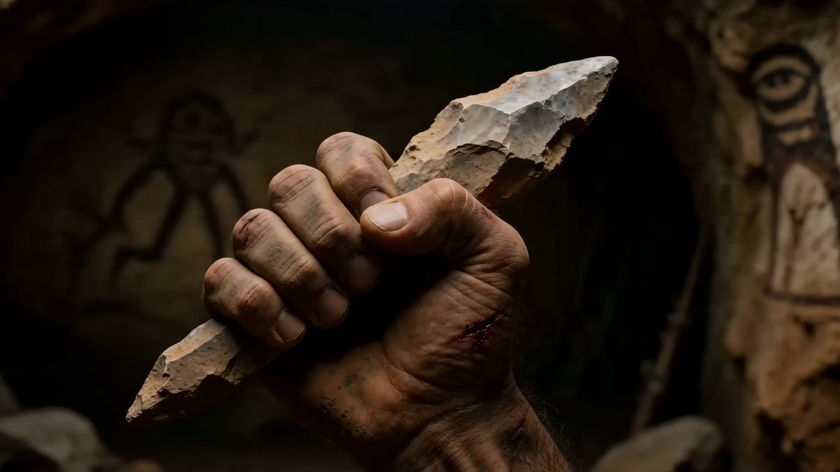 A one-take begins in extreme close-up on a Stone Age hand gripping a roug...