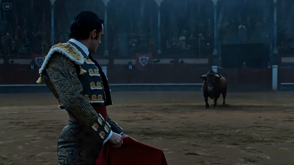 A matador-style performer in a rain-dark arena https://t.co/BT5xCAWFz6