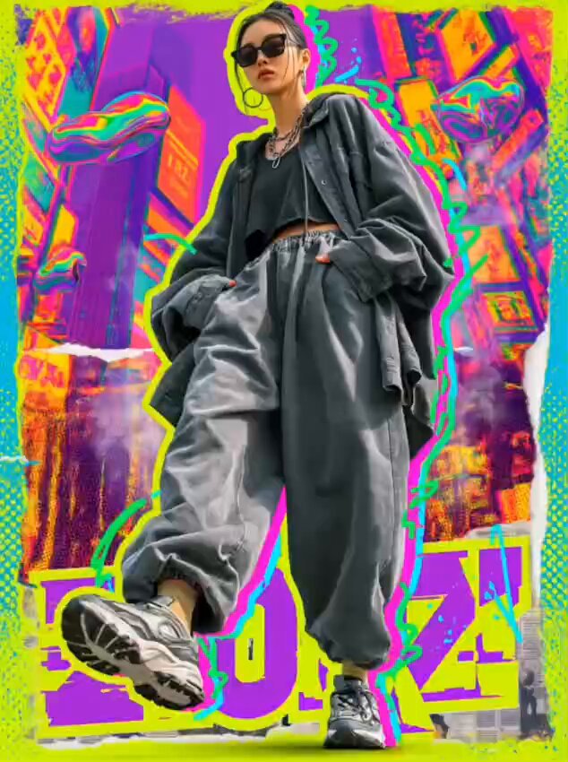 Ultra-stylized cyberpunk streetwear fashion poster, full-body young woman...