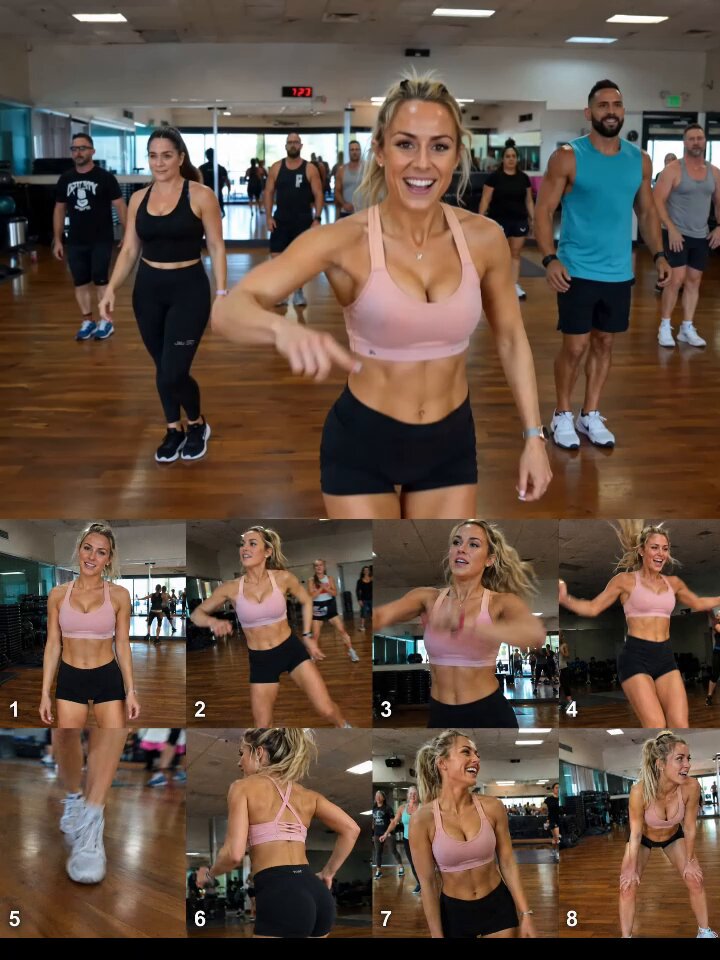 Style: High-energy cinematic fitness commercial, hyperrealistic Zumba dan...