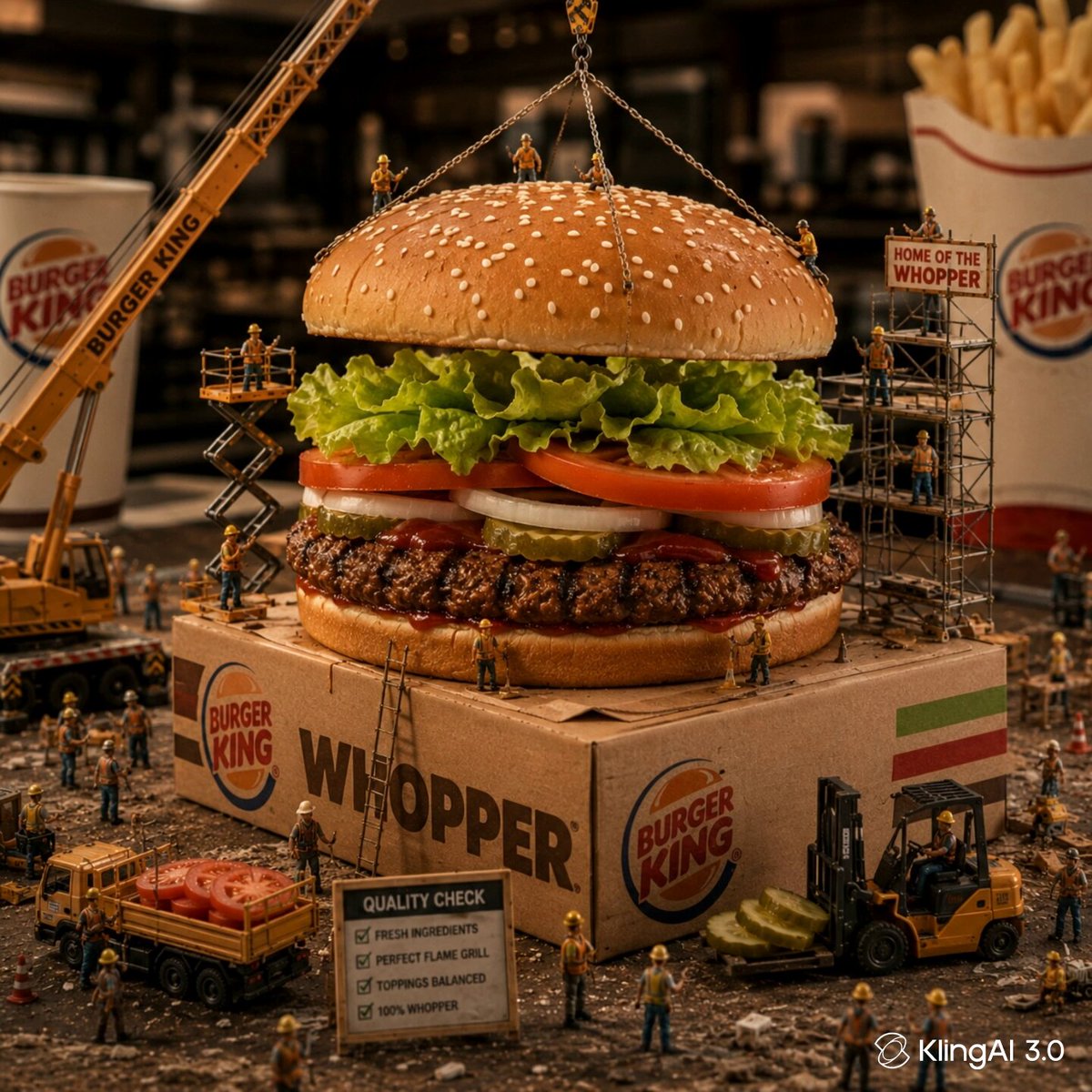 A surreal, hyper-realistic macro scene featuring miniature construction w...