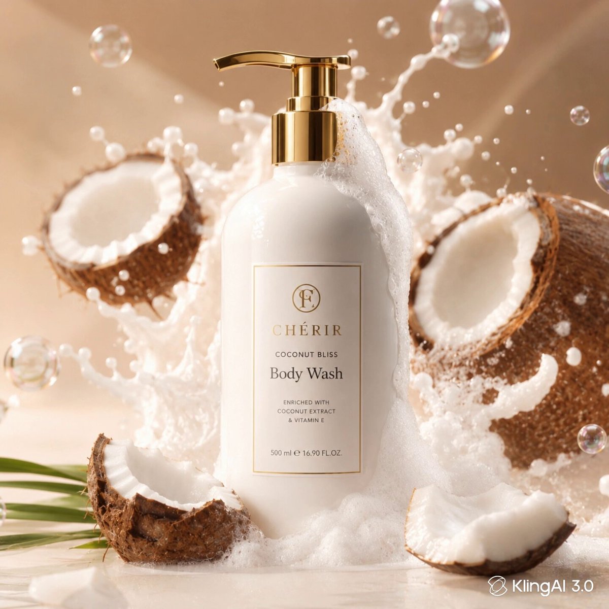 Minimal white bottle with golden pump surrounded by cracked coconuts, coc...