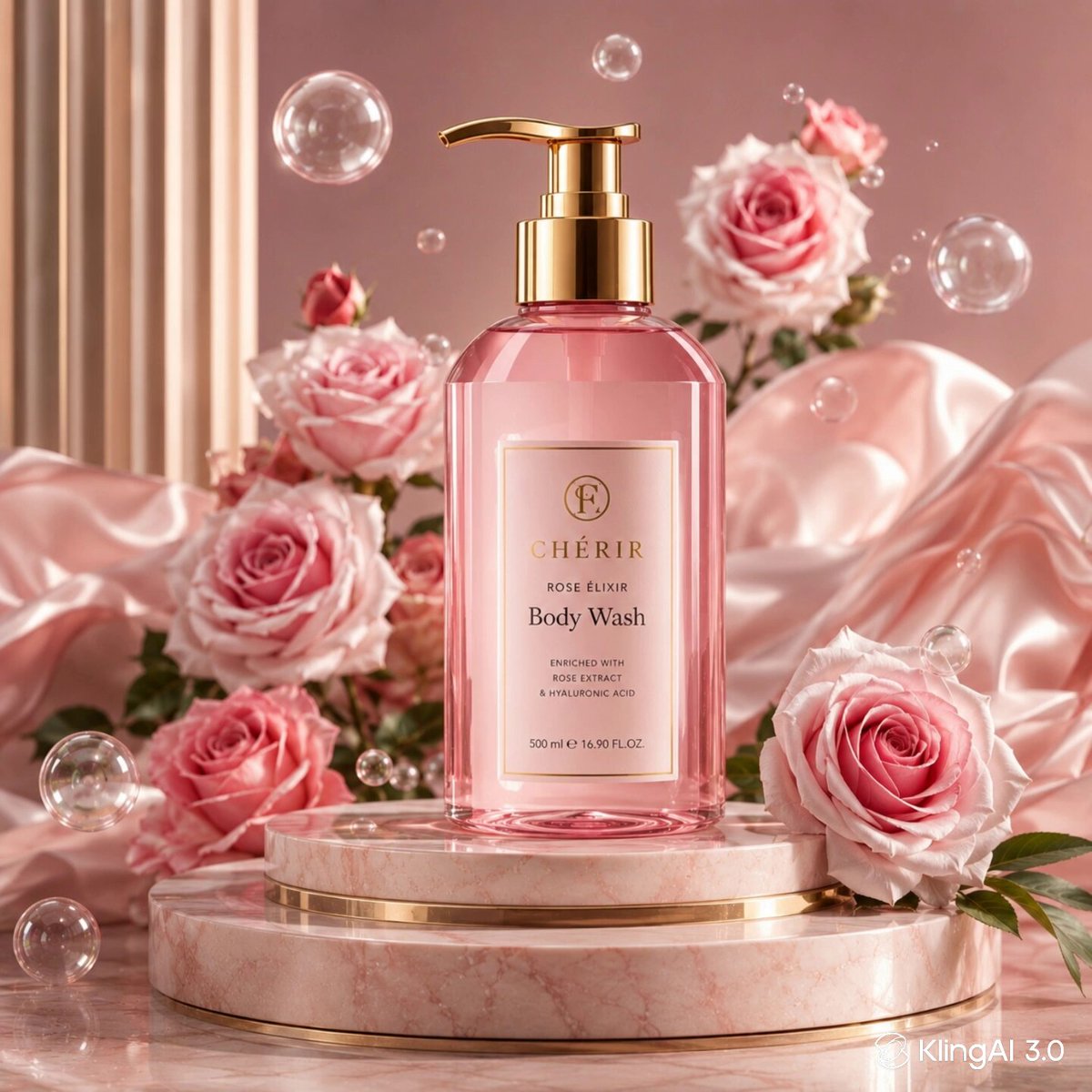 Premium rose-colored bottle with gold cap placed on layered marble podium...