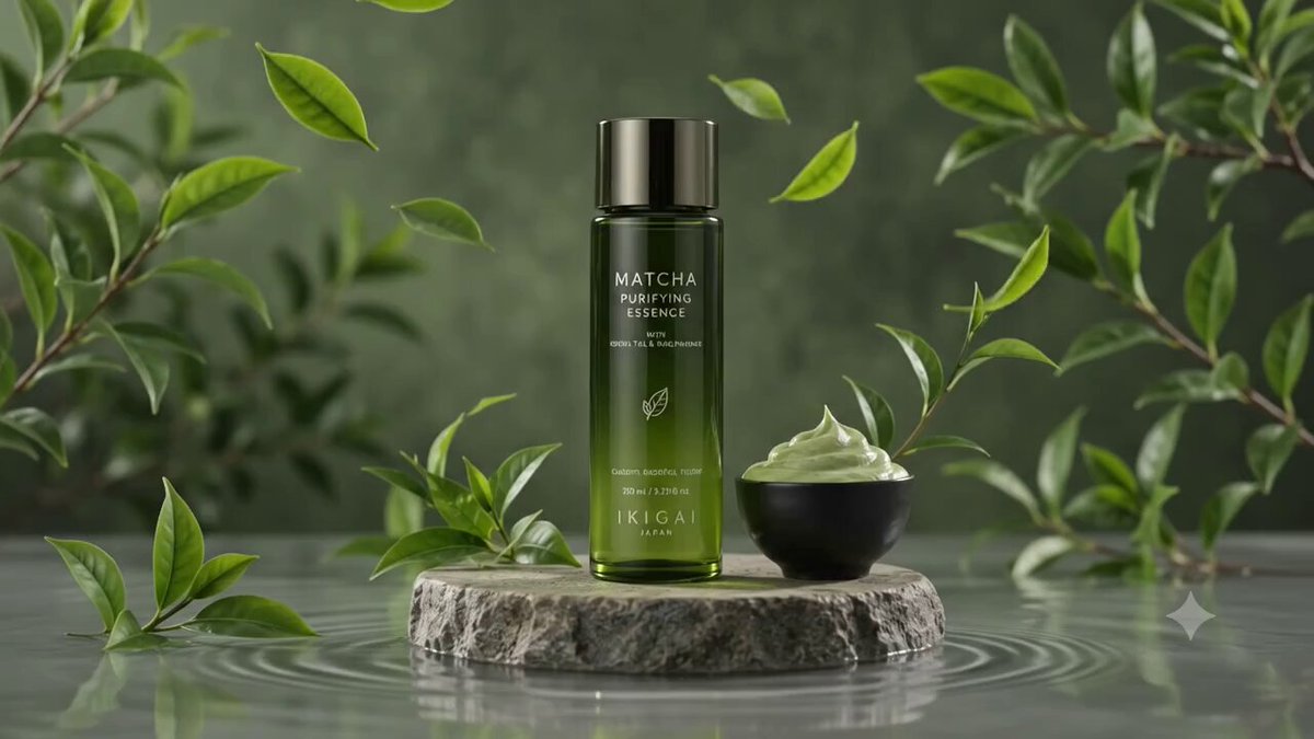 Premium green bottle placed on stone podium, surrounded by matcha powder...