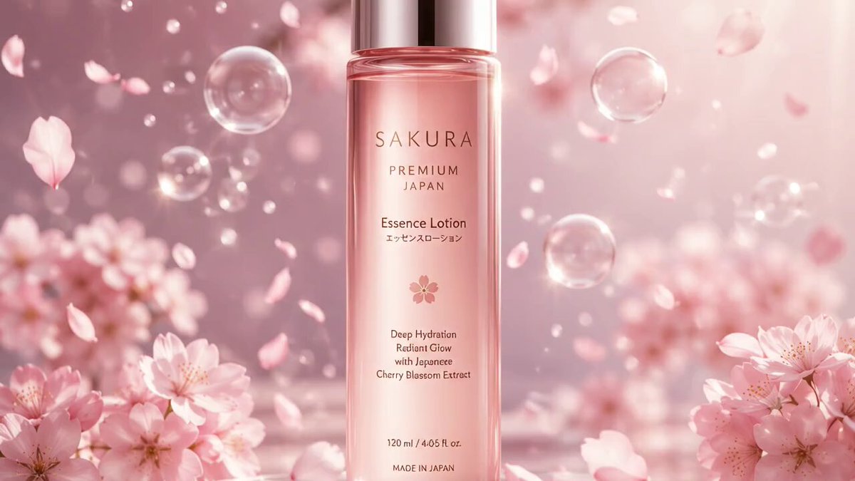 Elegant blush pink bottle surrounded by cherry blossom petals floating in...