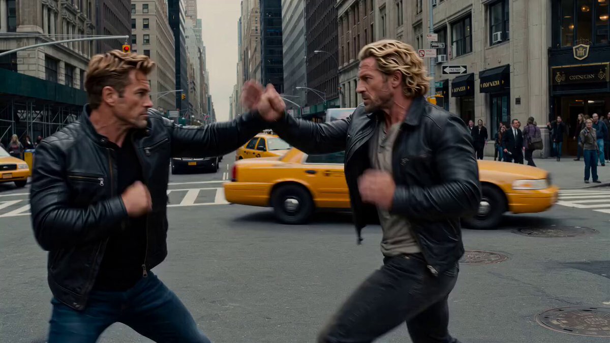 Cinematic action scene on a busy New York City street during the day, sur...