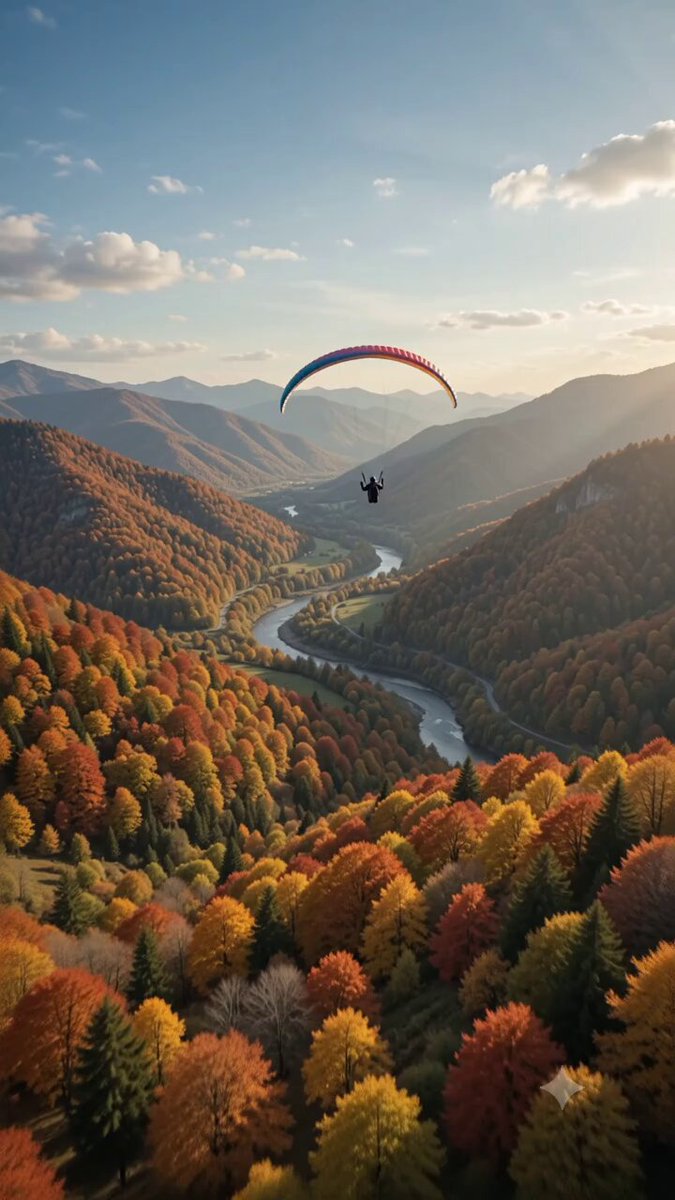 A professional paraglider soars gracefully through a breathtaking valley...