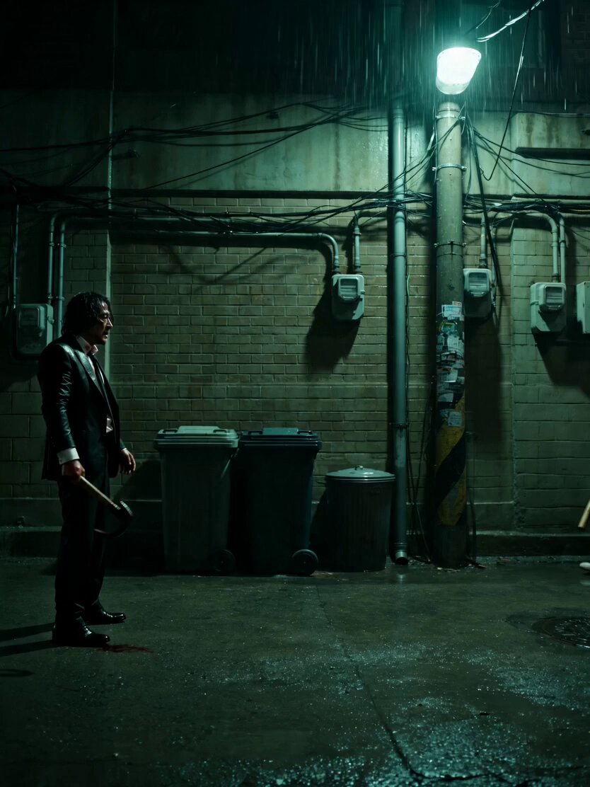 Gritty neo-noir action, single continuous side-scrolling long take,