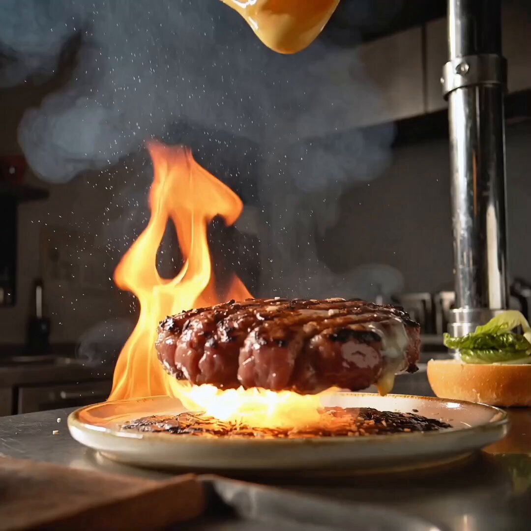 In a bold, stylized kitchen studio, a fresh beef patty lifts into the air...