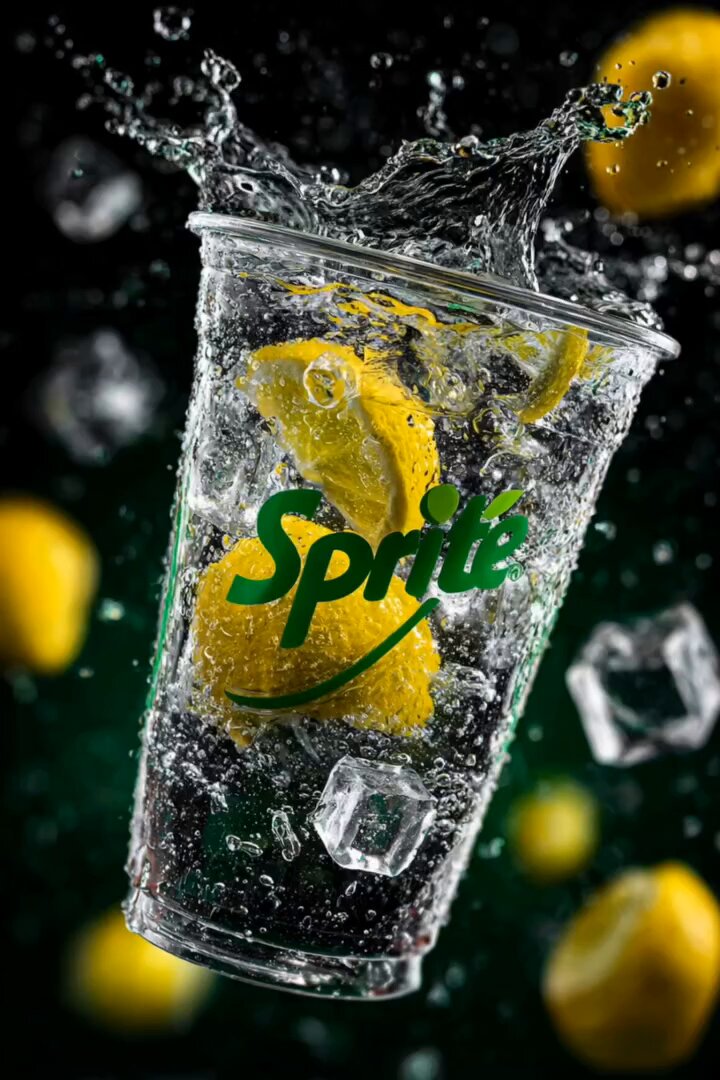 Ultra-realistic high-speed product photography of a transparent soda cup...