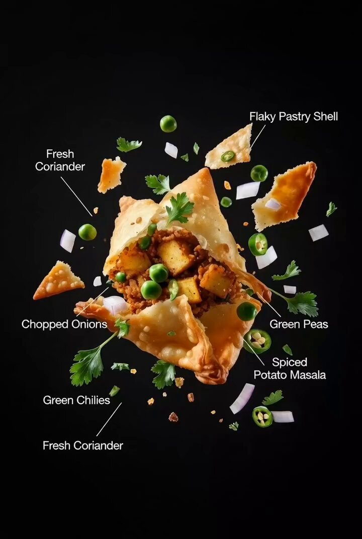 Ultra-realistic food advertising shot of a crispy Indian samosa cut open...