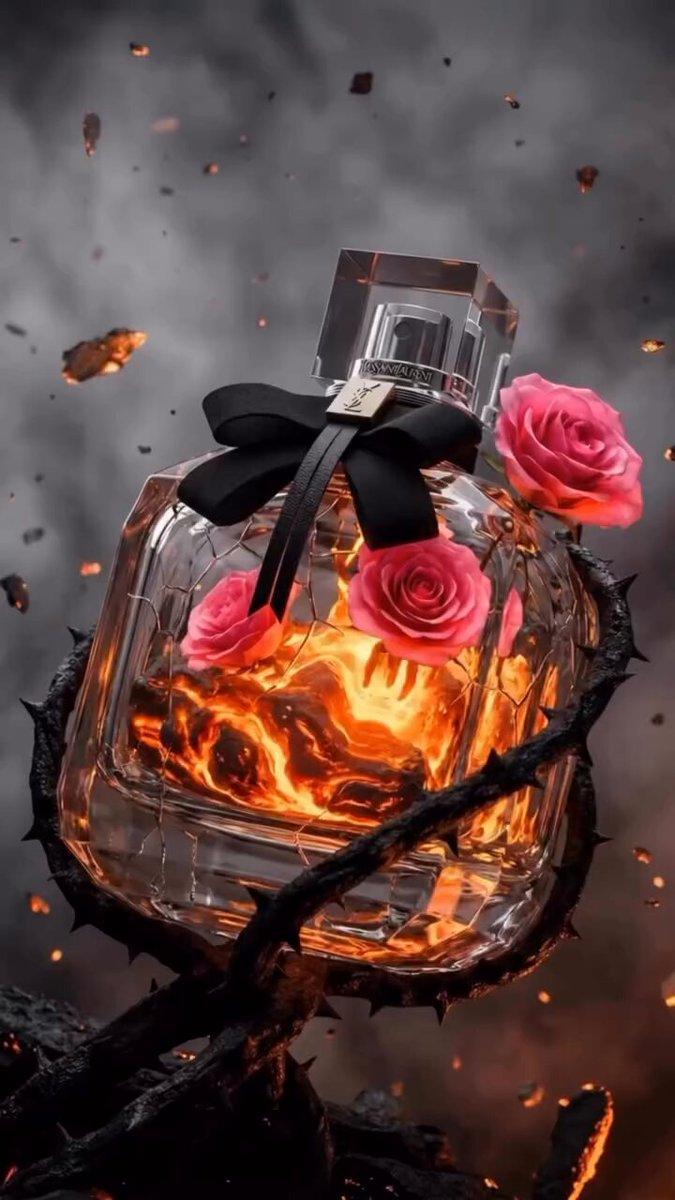 Luxury perfume bottle with a black ribbon bow surrounded by blooming pink...