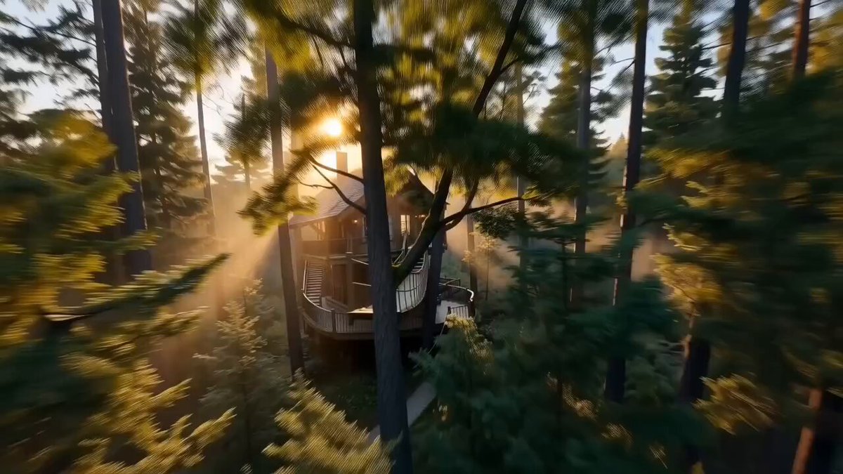Fast-paced FPV cinematic flying through a hyper-realistic, cozy treehouse...