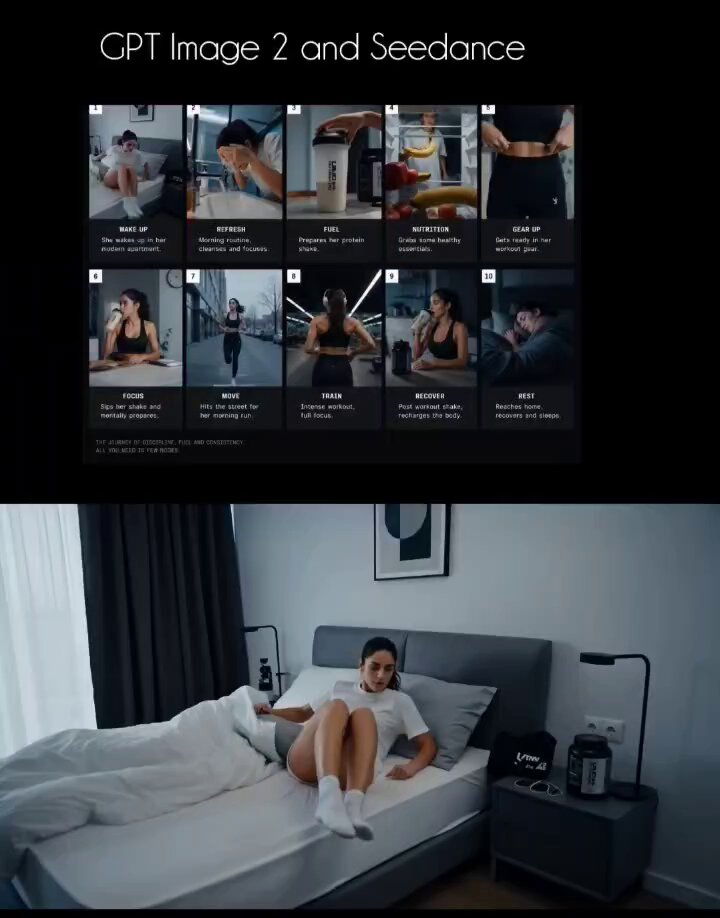 Cinematic fitness lifestyle storyboard collage featuring an athletic woma...
